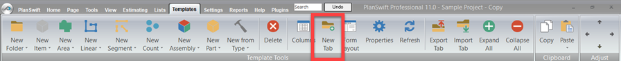 The New Tab button on the Templates Ribbon bar looks like a manila folder with a green plus sign over it